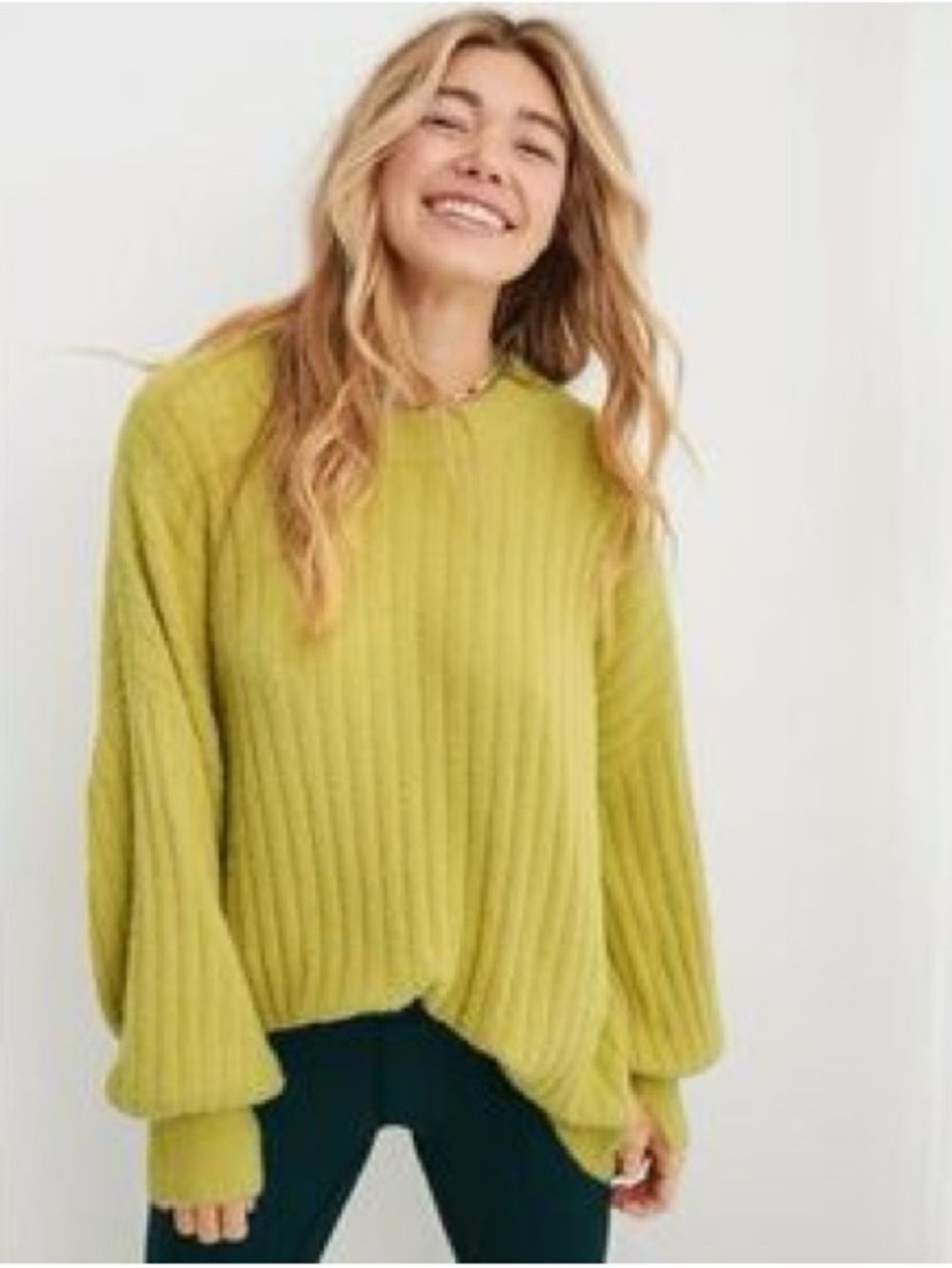 Aerie Oversized Cozy Ribbed Crewneck Sweater in Chartreuse SZ XL Balloon Sleeve